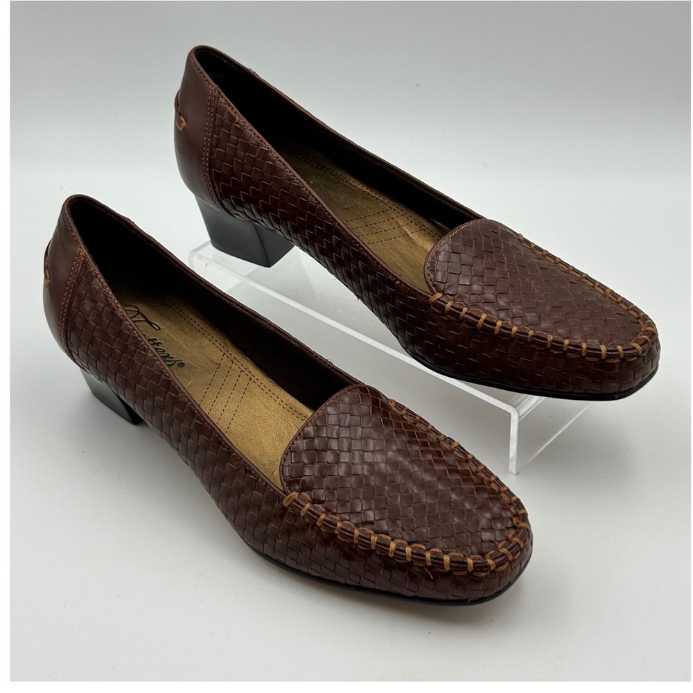 New Trotters Woven Loafer Pumps Womens 8N Brown Leather Block Heel Dark Academia
